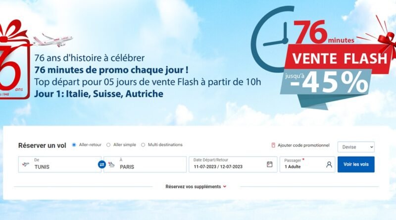 Tunisair double les opportunités pour sa vente flash spéciale 76e anniversaire !